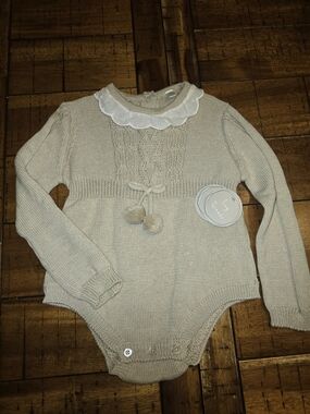 Tiny Threads Cream Knit Baby One-Piece with Pom Ties